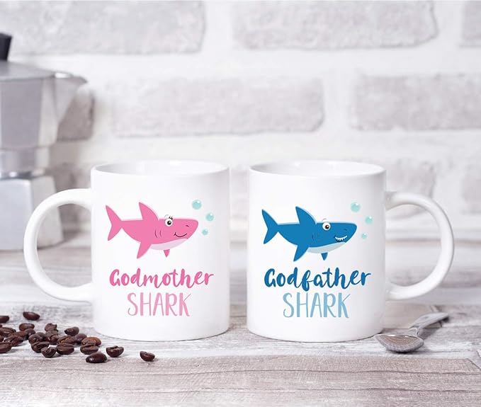 Andaz Press Baby Shark Family 11oz. Coffee Mug Gift Set, Godmother Shark, Godfather Shark, 2-Pack, Shark Do Do Do Gift Idea Birthday Christmas Gifts