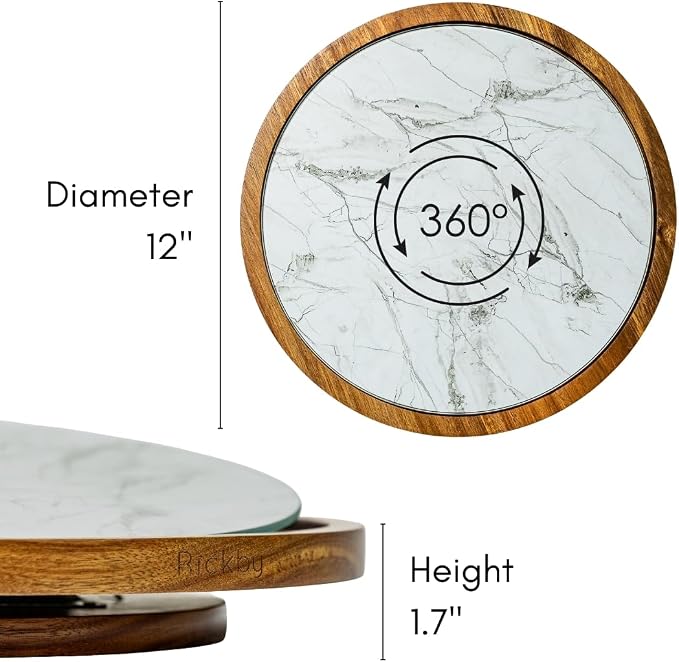 Rickby, 12" Premium Acacia Wood Lazy Susan Turntable for Table Top with Removable Marble Texture Glass Plate, Wooden Lazy Susan for Dining Table Centerpiece & Kitchen Countertop