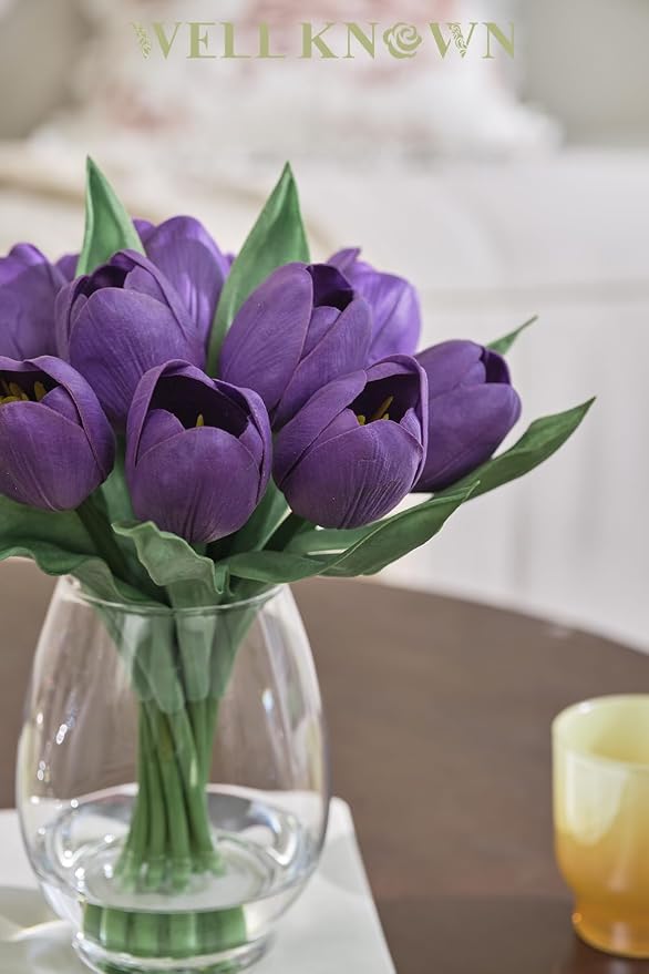 WELL KNOWN 12 Pcs Fake Tulips Artificial Flowers in Vase with Faux Water, Real Touch Purple Foam Tulips Arrangement with Vase for Home Office Wedding Party Decor Dining Table Centerpiece & Mom's Gift