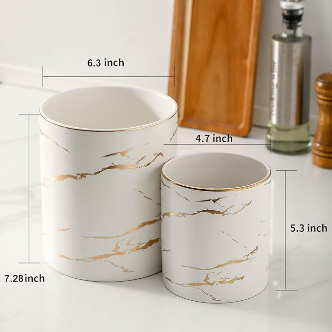 7"+5.3" Marble Utensil Holder, Large Kitchen Utensil Holder Organizer , Golden Marble White Stable Utensil Crock Spatula Holder for Kitchen Counter Countertop Farmhouse Cooking Tools Holder