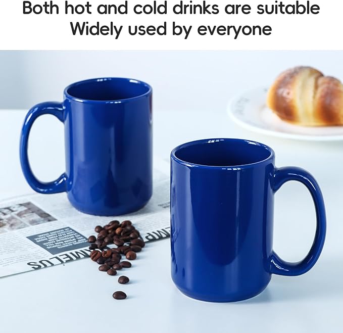 16 OZ Porcelain Coffee Mugs, Classic Blank Ceramic Cup with Large Handle for Tea Latte Cappuccino, Set of 4, Blue