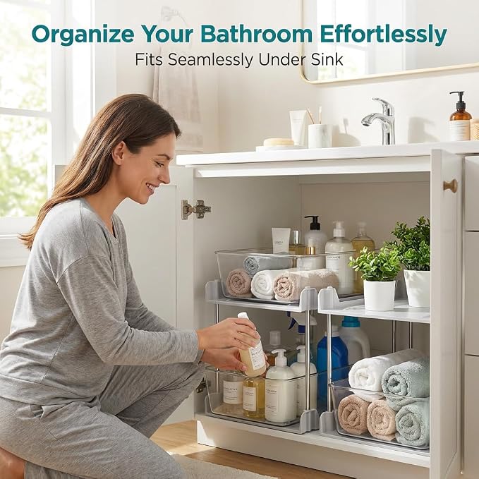 2 Pack Bathroom Organizer,2 Tier White Under Sink Organizers Vanity Countertop Storage Container,Cabinet Drawers Bins, Pull-Out Organization with Track for Pantry, Kitchen