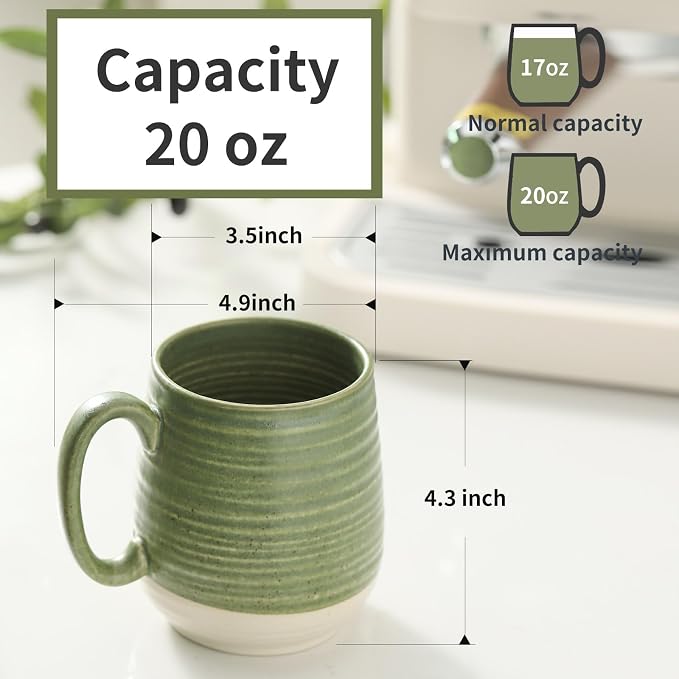 HASENSE 20 oz Coffee Mug, Large Green and Beige Stoneware Cup, Oversized Ceramic Tea Mug with Ergonomic Handle, Microwave and Dishwasher Safe, Perfect for Coffee, Tea, Soup, Hot Cocoa