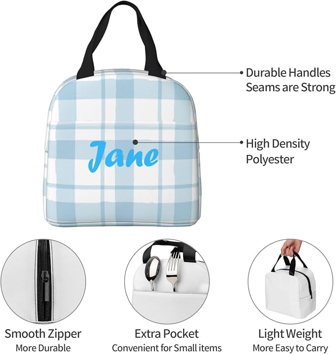 Custom Lunch Bag Plaid Blue Check Personalized Insulated Lunch Box with Name Reusable Cooler Tote for Adults Student Girl Boy Work Office School Picnic Over 3 Years Old