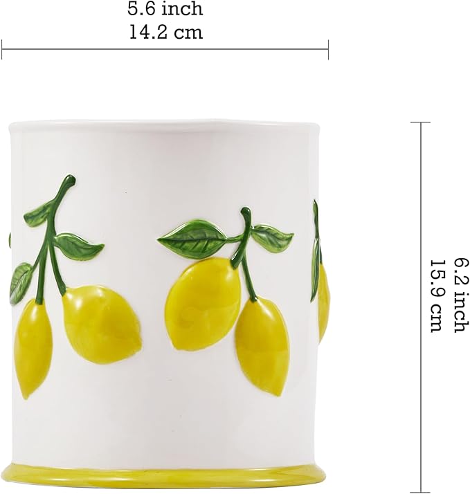Bico Lemon Handpainted Stoneware 6 inch Utensil Holder, Dishwasher Safe, for holding Cooking Spatula, Utensil