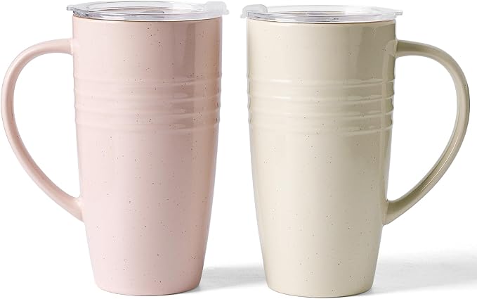 famiware Jupiter Large Coffee Mug, 20oz Coffee Mug with Lid, Ceramic Mugs Set of 2, Cup Set with Handle for Latte, Tea, Cocoa, Milk, Microwave and Dishwasher Safe, Light Pink and Vanilla White