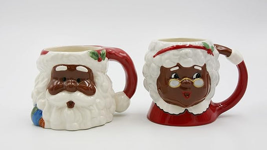 Fine Ceramic Christmas Holidays African American Mr. & Mrs. Santa Claus Mug Set of 2 (2 Pieces Set), 5-3/4'' L, Red, White, Brown, 5.75'' * 4.25'' * 4'', 5.50'' * 4'' * 4.25''