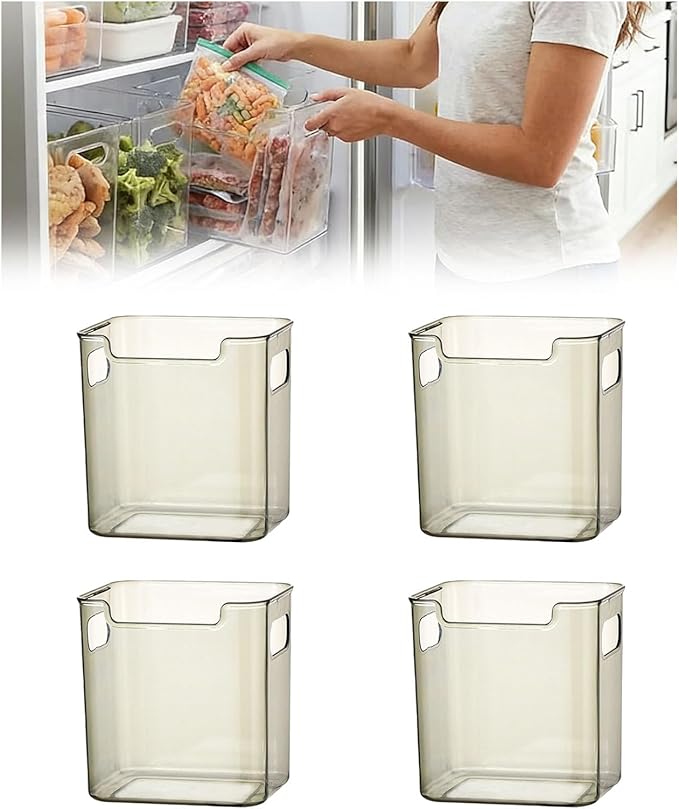 Freezer Storage Bins 4-Pack - Stackable Plastic Organizer with Handles for Refrigerator, Pantry & Kitchen Cabinet, for Frozen Food, Meat & Veggies (B# S, 4 Pack)