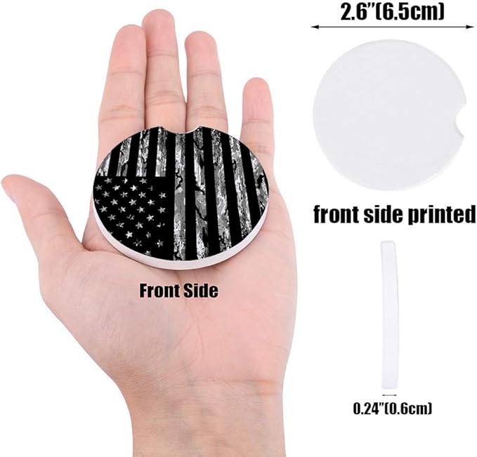Absorbent Car Coasters for Cup Holders Camouflage American Flag Coasters, Small 2.56inch Ceramic Stone Drink Coaster for Women Men, Retro Black and White 4th of July Gift Set of 2 Pack