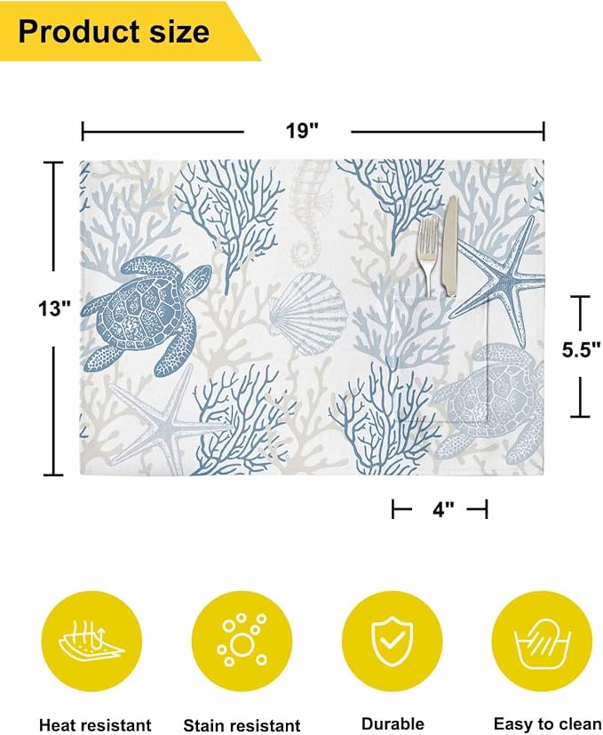 Blue Grey Coastal Placemats Set of 6, Woven Placemat Washable Wipeable Table Placemat with Pocket, Holiday Cloth Table Mat for Party Kichen Dinner Sea Turtle Nautical Coral Summer Beach
