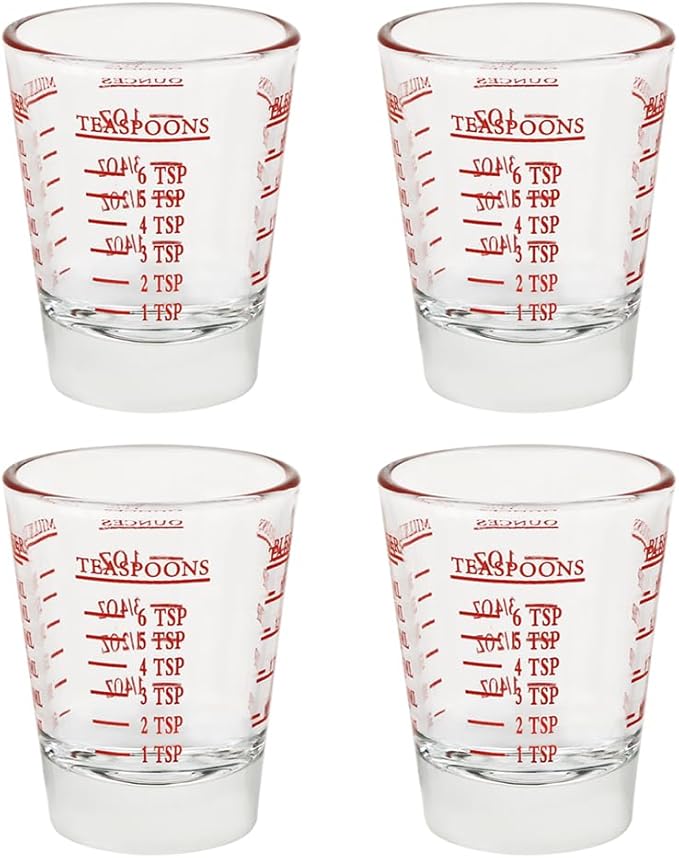 Set of 4 Red Shot Glasses - Heavy Glass, Perfect for Measuring Espresso, Wine, and More 26-Incremental Measurement 1oz, 6 Tsp, 2 Tbs, 30ml (4, Red)