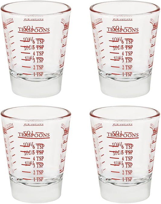 Set of 4 Red Shot Glasses - Heavy Glass, Perfect for Measuring Espresso, Wine, and More 26-Incremental Measurement 1oz, 6 Tsp, 2 Tbs, 30ml (4, Red)