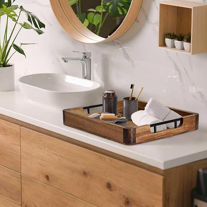 Acacia Wood Extra Large Serving Tray with Handles - Stylish Ottoman Tray for Coffee Table & Kitchen Island Decor | Decorative Trays for Resturant, Cafe, Breakfast, Multipurpose Organzier