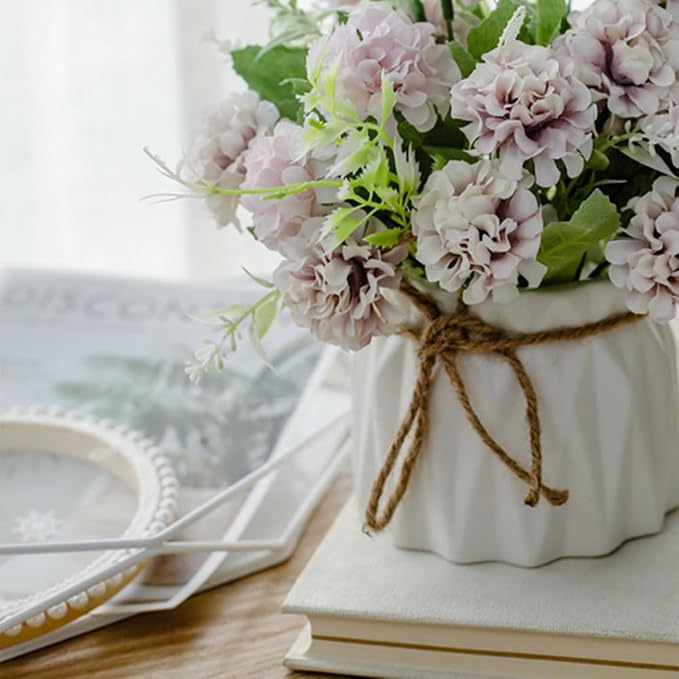 TKAS Fake Flowers Arrangement in Ceramic Vase, Artificial Faux Silk Hydrangea, Small Realistic Dried-Style Floral, Dining Table Centerpiece for Wedding Party Home Decoration (Purple)