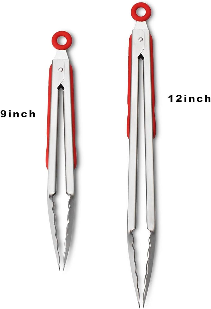 Premium 304 Stainless Steel Tongs Set – 12" Grill Tongs & 9" Cooking Tongs, Heat Resistant up to 600°F, Wavy Grip Head, Non‑Slip Handle with Locking Clip & Hanging Loop, Dishwasher Safe, Red