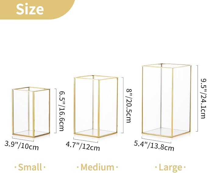 Nuptio Glass Hurricane Candle Holder Set of 18 Gold Pillar Candle Holders Large Rectangular Candleholder Table Centerpieces Decoration for Wedding Party Holiday Home Ornaments 9.5 & 8.1 & 6.5 inch