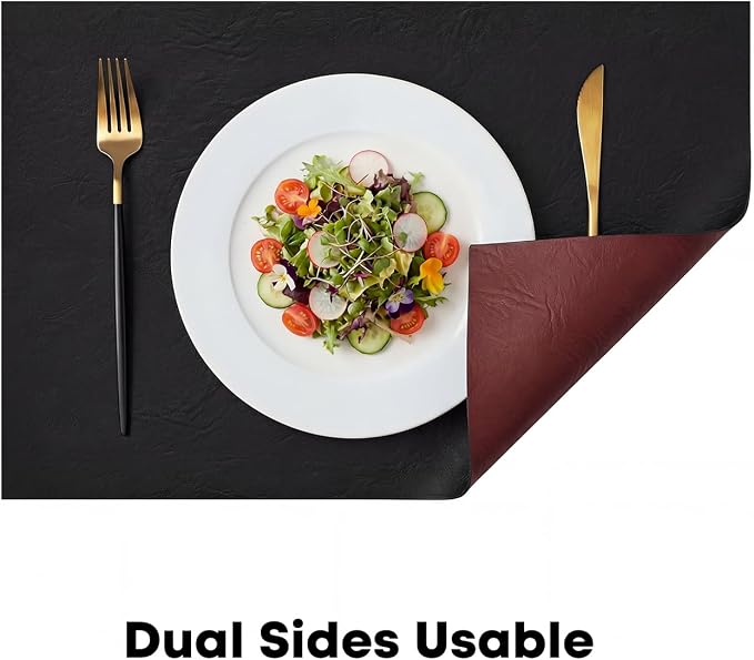 Artoid Mode Black Faux Leather Placemats Set of 6, 12x18 Inch Waterproof Wipeable Heat Resistant Vinyl Place Mats, Reversible Table Mats for Kitchen Dining Decor