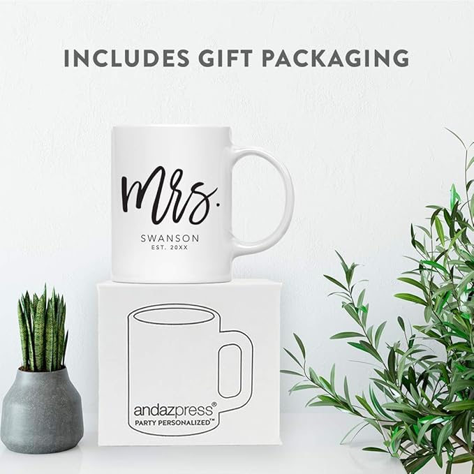 Andaz Press Personalized Name 11oz. Ceramic Ceramic Valentines Day Coffee Mugs Wedding Anniversary Couples Gift Set, Mr. Mrs. Johnson Est. 2026, Script Style, 2-Pack, Custom Names, Long Distance Gift