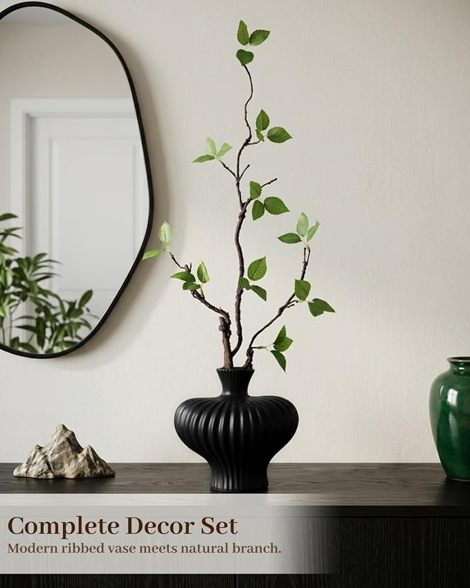 Heart Shaped Vase with Artificial Branch Set, 1 pcs Artificial Stem in Black Ceramic Vase, 22" Fake Plants & Decorative Vase for Living Room Bedroom Dining Table Office Home Decor - Black