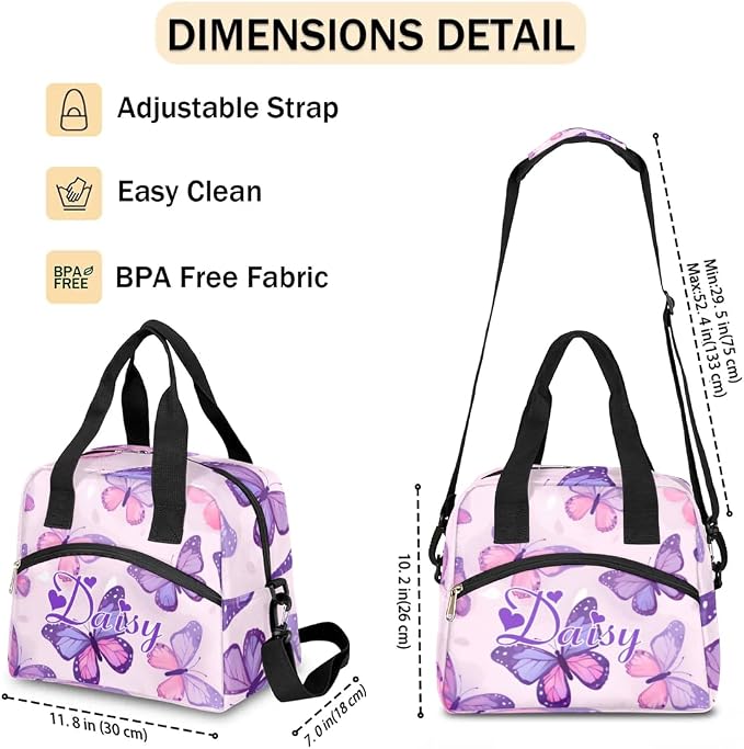 Personalized Butterfly Lunch-Bag for Women, Custom Insulated Cooler Lunch Box with Name, Leakproof-Reusable Lunch Tote Bag for Work Office Picnic - Pink Purple 4