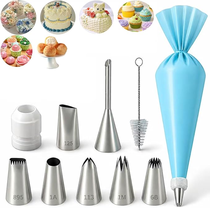 10 Pcs Reusable Silicone Piping Bags and Tips Set, Stainless Steel Icing Nozzles with Coupler & Cleaner Brush, Dishwasher Safe Cake Cupcake Cookie Decorating Kit, Home Bakers & Chefs