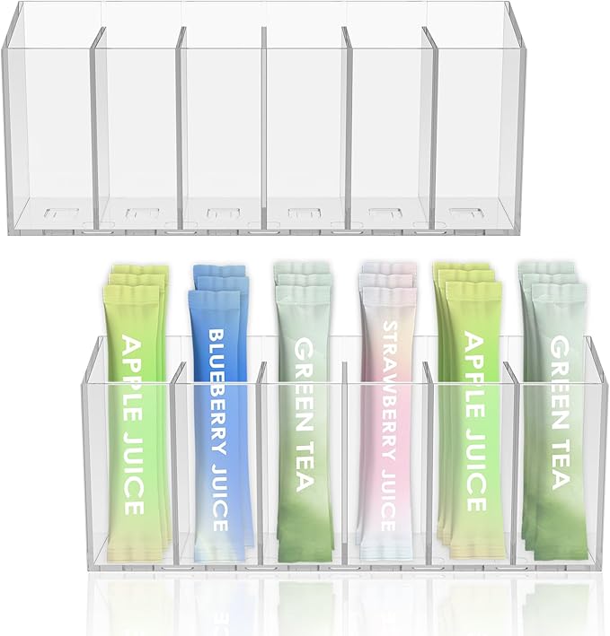 2Pcs Transparent Tea Packet Storage Container Plastic Coffee Packet Holder Organizer Clear Pantry Organizer Bin with 5 Removable Dividers