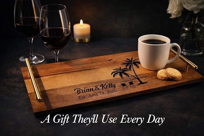 Personalized Acacia Wood Serving Tray with Handles – Engraved Custom Wooden Tray for Wedding, Housewarming, Rustic Farmhouse Charcuterie Tray