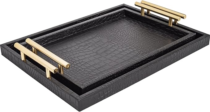 Set of 2 Modern Elegant Large Wood Serving Tray, Rectangle Decorative Tray Ottoman Tay Coffee Table Tray, Black Crocodile Leather with Gold Polished Metal Handles