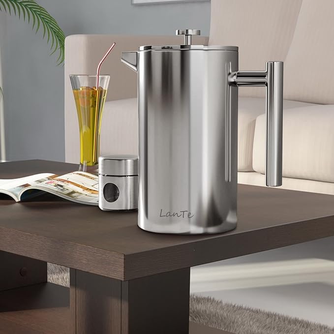 LANTE French Press Coffee Maker, 1.5L Double Insulated 304 Stainless Steel Tea Maker 4 Level Filtration System, No Coffee Grounds, Rust-Free, Dishwasher Safe 50oz Coffee Press for Family Party