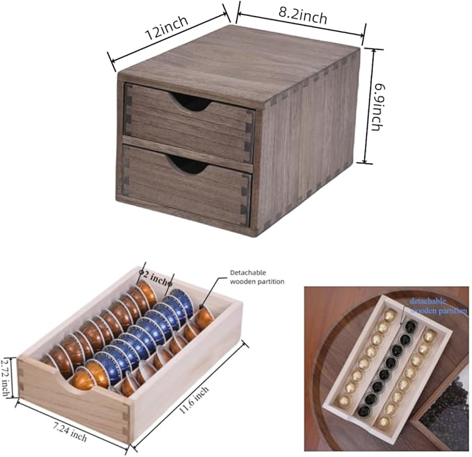 DDYURI Drawer Organizer Coffee Pod Holder - Kitchen Cutlery Storage Accessories/ K-Cup Drawers with Detachable Wooden Partition - Coffee Capsules Organization Counter - Wood desktop Small Cabinets