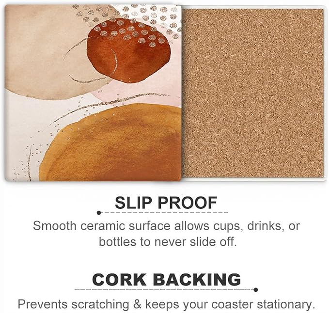 Drink Coasters for Drinks Set of 6, Terracotta Navy Orange and Gold Abstract Modern Art Absorbent Square Ceramic Stone Mat Coaster, with Cork Base and Metal Holder, Home Bar Decor House Warming Gift