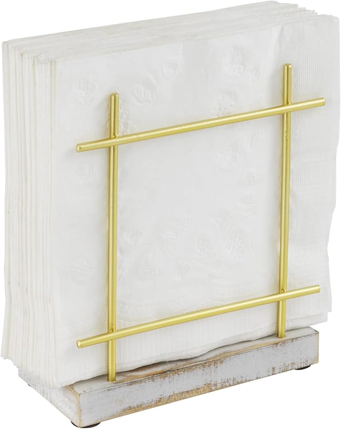 MyGift Shabby Whitewashed Wood Base Napkin Holders, Brass-Tone Metal Dispenser for Dining Table & Cocktail Serviette, Kitchen/Dining Accessories for Home/Café