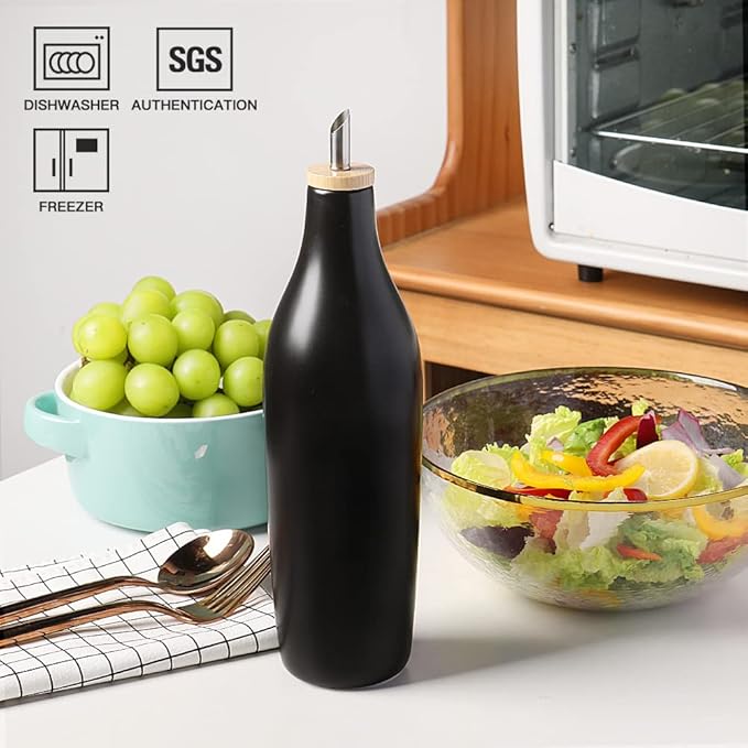 Sweejar Matte Ceramic Olive Oil Dispenser Bottles with Bamboo Tray, 17 Oz Oil Dispenser Set for Kitchen Counter, Opaque Oil Cruet for Cooking, EVOO, Vinegar, Avocado Oil, Pack of 2 (Black & Tray)