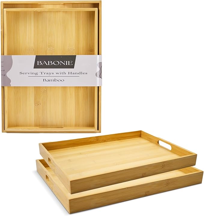 Bamboo Serving Trays with Handles Set of 2 - Portable Rectangular Trays for Serving Food, Serving, Decor & Storage, Suitable for Bedroom, Living Room, Kitchen, Restaurant, Outdoor & More