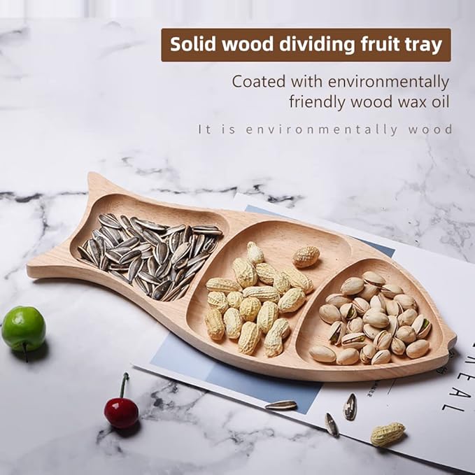 WAYUTO Serving Plate Wooden Divided Serving Tray Decorative Compartment Appetizer Tray Fish Shape Snack Fruit Dried Fruit Storage Plate with 3 Sections Breakfast Table Kitchen Decor Rubber Wood