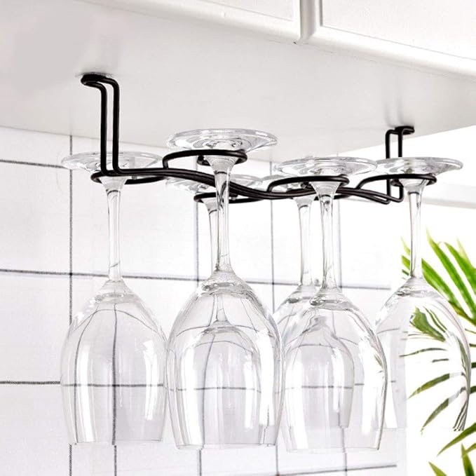 13 inch Wine Glass Rack, Under Cabinet Stemware Rack Hanger with 6 Hooks, Black Iron Wire Wine Glass Holder Metal Hanging Organizer Storage Rack for Home Kitchen Bar Cabinet