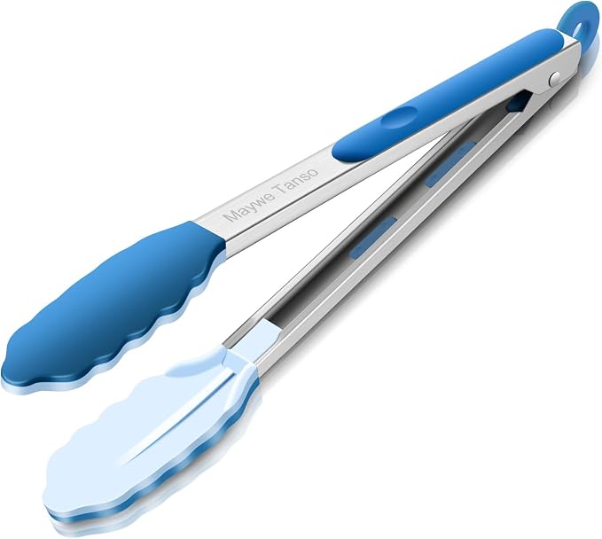 600℉ Heat Resistant Kitchen Tongs for Cooking with Silicone Tips,12-Inch Stainless Steel Locking Cooking Tongs Food Tongs for BBQ,Cooking,Salad and Serving Food,Heavy Duty,Non-Stick (Classic Blue)