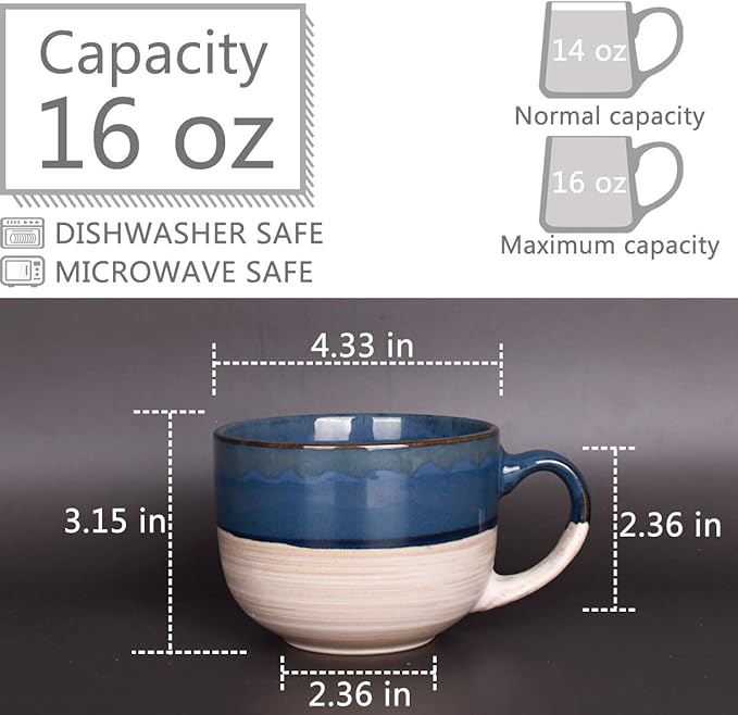 Bosmarlin Large Ceramic Coffee Mug Set of 2, Stoneware Latte Mug for Office and Home, 16 Oz, Dishwasher and Microwave Safe, (Prussian Blue, 2)