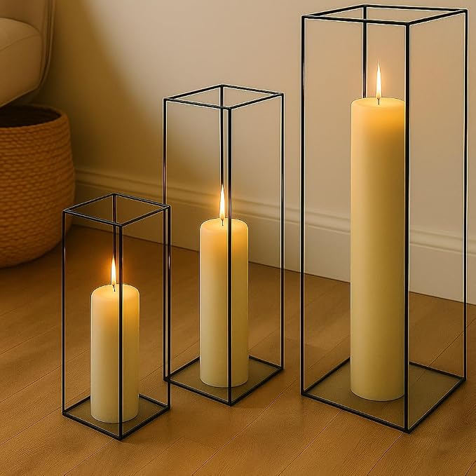 Koyal Wholesale Black Rectangular Glass Hurricane Candle Holders Tall Floor Lantern for Pillar Candles, Elegant Modern Candle Holder for Weddings, Events, or Entryway and Fireplace Décor Set of 3