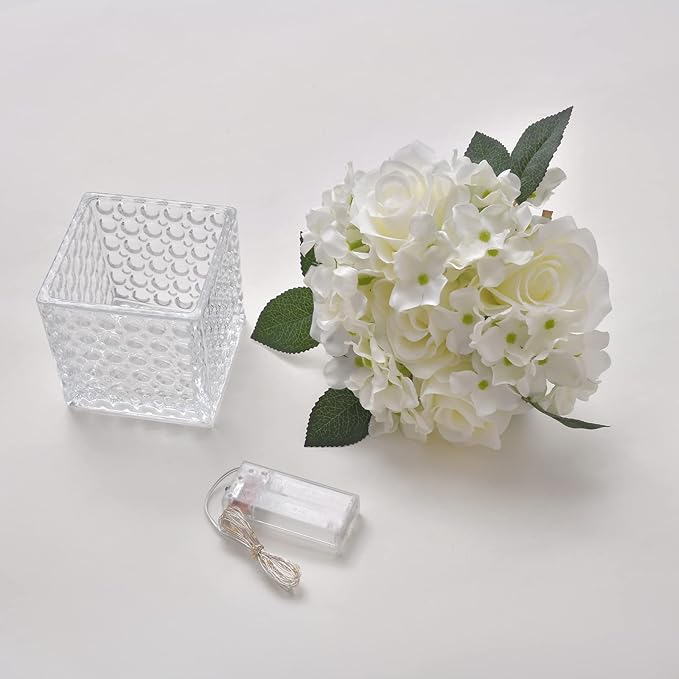 Fule Artificial Silk Rose Flower Centerpiece Arrangement in Glass Vase with LED Light for Home Wedding Decoration (White)