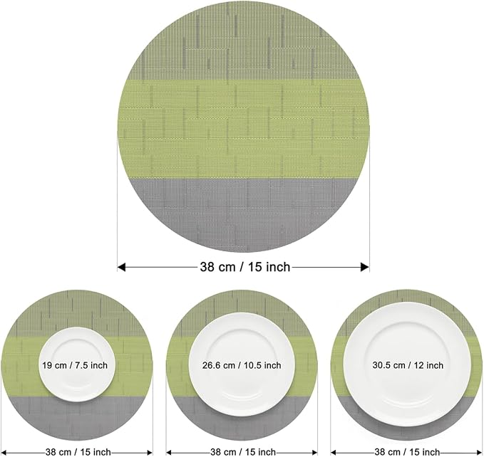 Round Placemats Set of 8, 15 Inch Woven Vinyl Heat Resistant Place Mats, Washable Non Slip PVC Table Mats for Kitchen Dining Party Outdoor Table Decor (Gray Grass Green, 8)