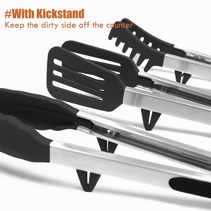 Tongs for Cooking, 12" Kitchen Tongs with Silicone Tips, Food Grade Serving Tongs Set of 3, Black
