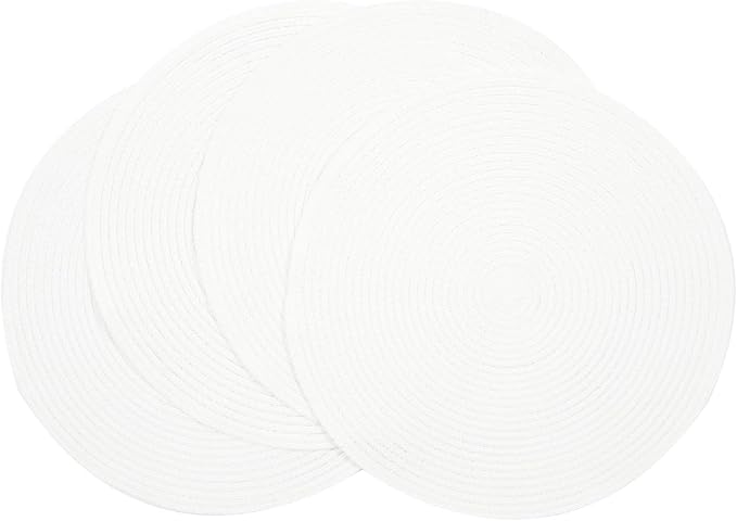 SHACOS Round Braided Placemats Set of 4 Washable Round Table Mats for Dining Table 15 inch (White, 4)