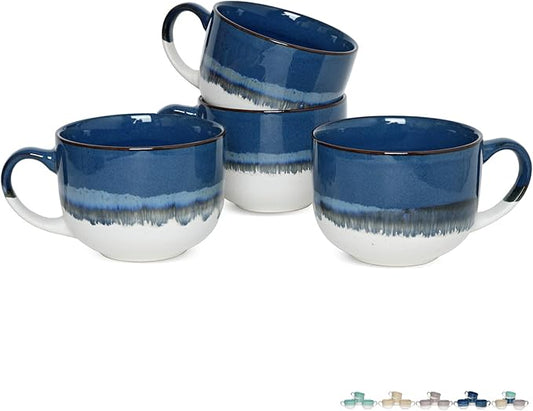 Bosmarlin Ceramic Coffee Mug Set of 4, 16 Oz, Jumbo Latte Mugs, Dishwasher and Microwave, Unique Reactive Glaze (Deep Blue, 16 Oz)