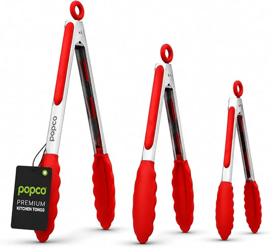Popco 3-Piece Kitchen Tongs Set – Stainless Steel Heat Resistant Silicone Tips, Strong Comfort Grip, 3 Sizes (7, 9, 12 Inch), Non-Scratch, Dishwasher Safe, For Cooking, BBQ, Salad