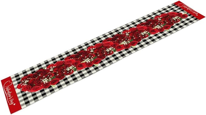 Rose Table Runner, Vintage Rustic Plaid Abstract Red Rose Flower Plant Plant Table Decor Table Top Dining Kitchen Wedding Party 13x36 Inch
