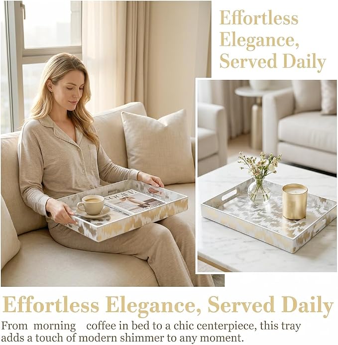 White & Silver Glitter Abstract Serving Tray with Handles, 15.8”x11.7”x1.6” Rectangular Decor Tray – Multipurpose for Breakfast in Bed, Bathroom Vanity, Living Room & Entertaining