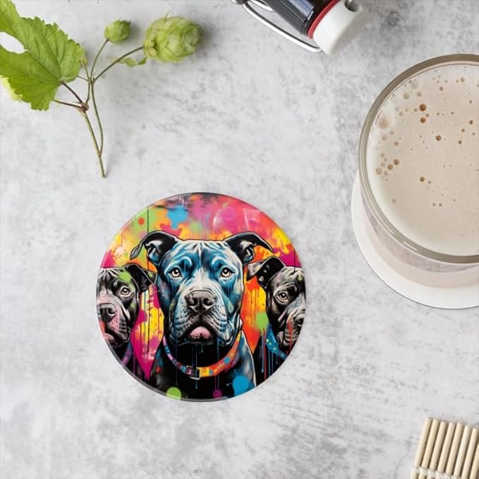 1 Pcs Coffee Cup Coasters for Drinks, Graffiti Style Black Pit Bulls Round Absorbent Non-Slip Ceramic Stone Cork Coasters for Kitchen Living Room Office Decoration Bar (4 * 4 Inch)