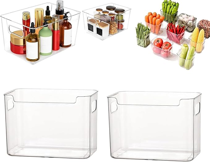 Transparent Freezer Storage Bins, 2/4/6 Pack Clear Plastic Bins, Ice Box for Freezer, Stackable Kitchen Cabinet Organizer for Frozen Food, Meat & Veggies (L,2PCS)