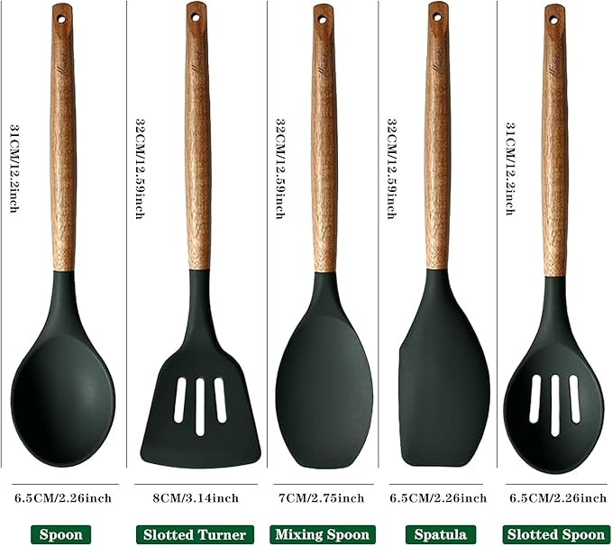 Non-Stick Silicone Cooking Utensils Set with Natural Acacia Hard Wood Handle, 5 Piece, High Heat Resistant (Green)